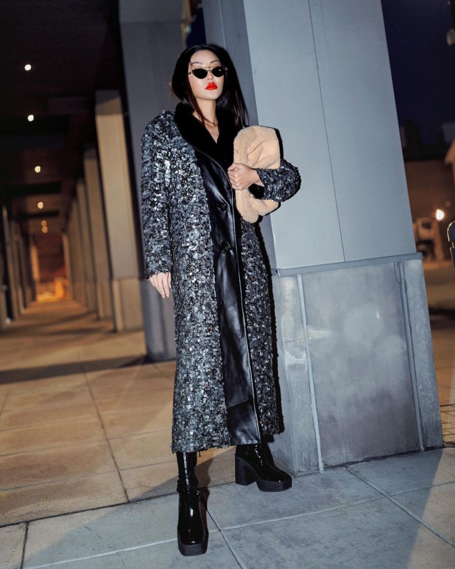 Jessica Wang wearing holiday party outfits featuring a long sequin jacket and a leather jacket with platform boots // Jessica Wang - Notjessfashion.com