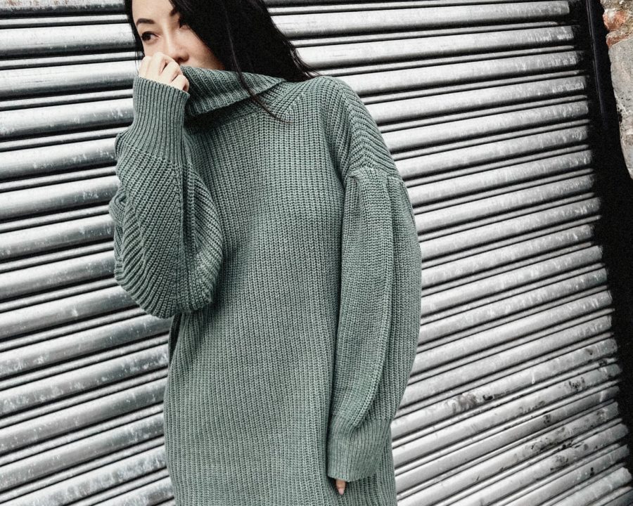 jessica wearing wearing a green sweater dress by free assembly from walmart while sharing affordable winter basics // Jessica Wang - Notjessfashion.com