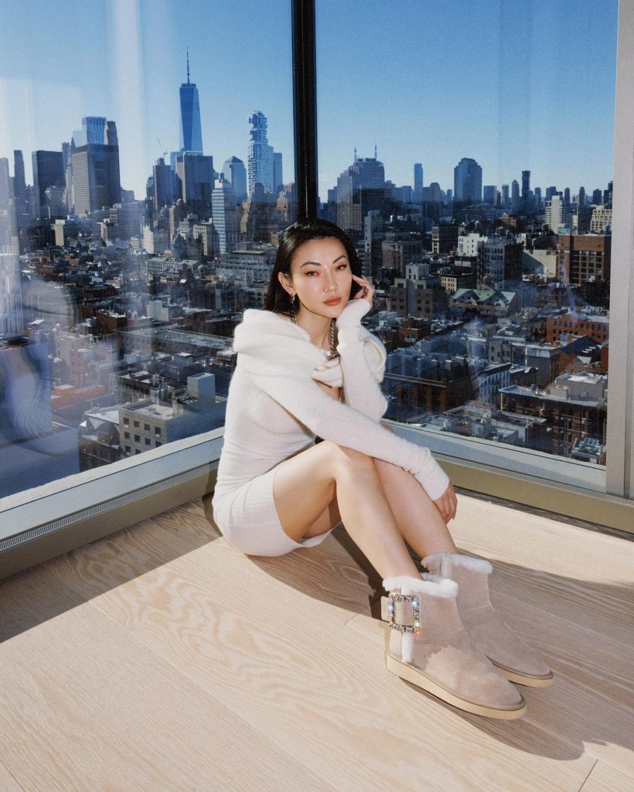 Jessica Wang wearing a sweater dress and roger vivier suede boots while sharing top new year sales 2022 // Jessica Wang - Notjessfashion.com