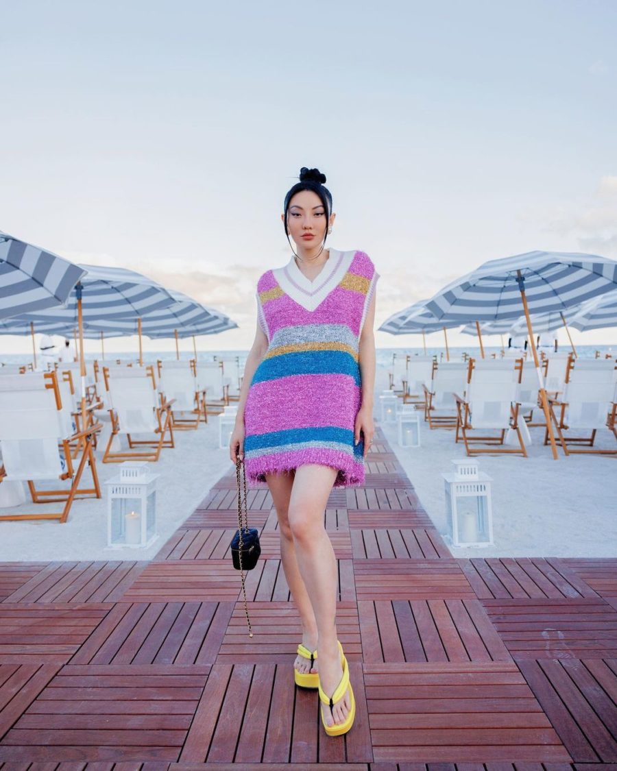 Jessica Wang wearing fashion trends 2022 featuring an oversized knit vest with platform sandals while sharing  // Jessica Wang - Notjessfashion.com