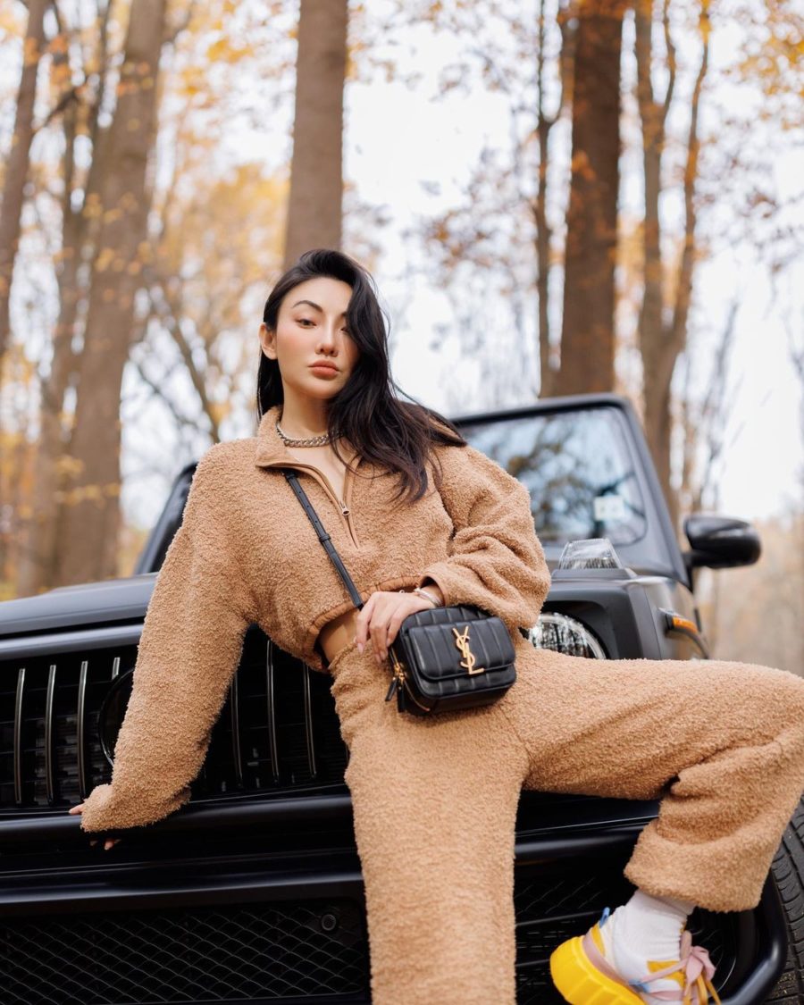 Jessica Wang wearing chic wardrobe staples featuring a fleece sweater with sweatpants // Jessica Wang - Notjessfashion.com