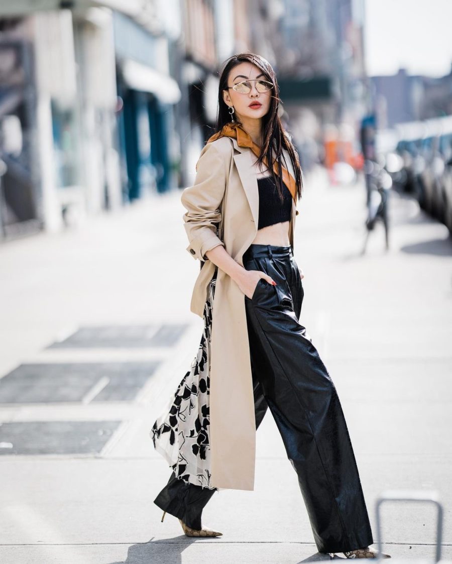 Jessica Wang wearing spring transitional pieces featuring a printed trench coat with leather wide leg pants // Jessica Wang - Notjessfashion.com