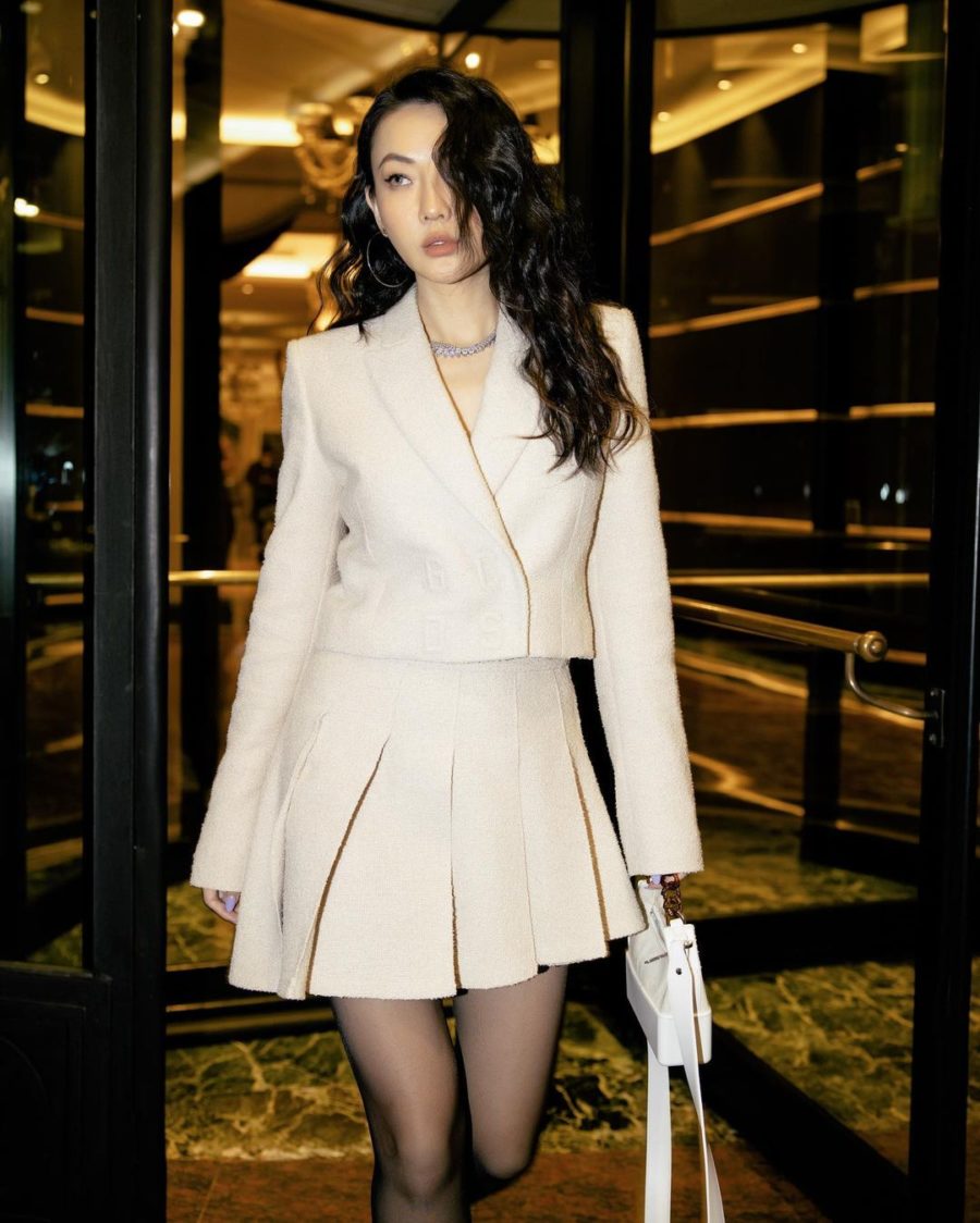 Jessica Wang wearing academia tiktok aesthetic trend featuring a blazer and pleated skirt set // Jessica Wang - Notjessfashion.com