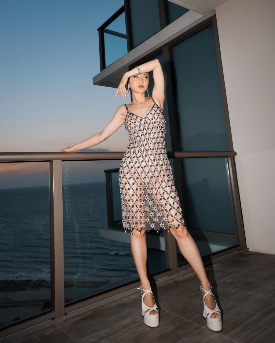 Jessica Wang wearing glam tiktok aesthetic trend featuring an embellished dress with platform sandals // Jessica Wang - Notjessfashion.com