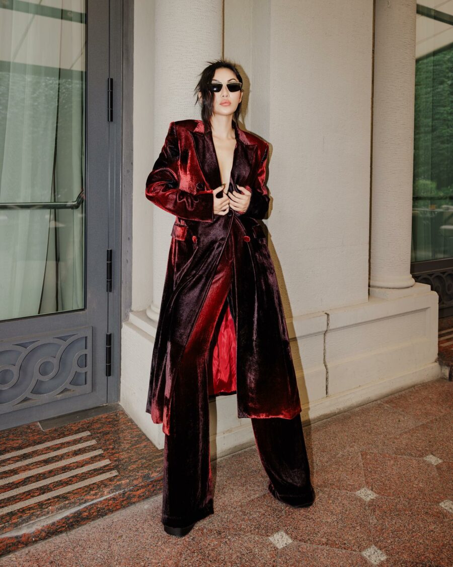 Jessica Wang wearing red Alberta Ferretti suit set while sharing fall trends under 100 // Jessica Wang - Notjessfashion.com