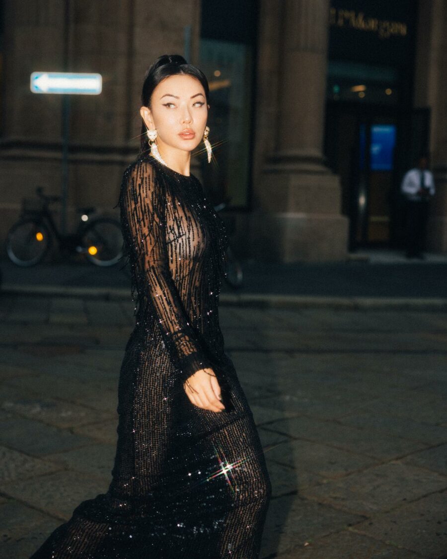 Jessica Wang wearing a Robert Cavalli sequin maxi dress with tiger tooth earrings // Jessica Wang - Notjessfashion.com